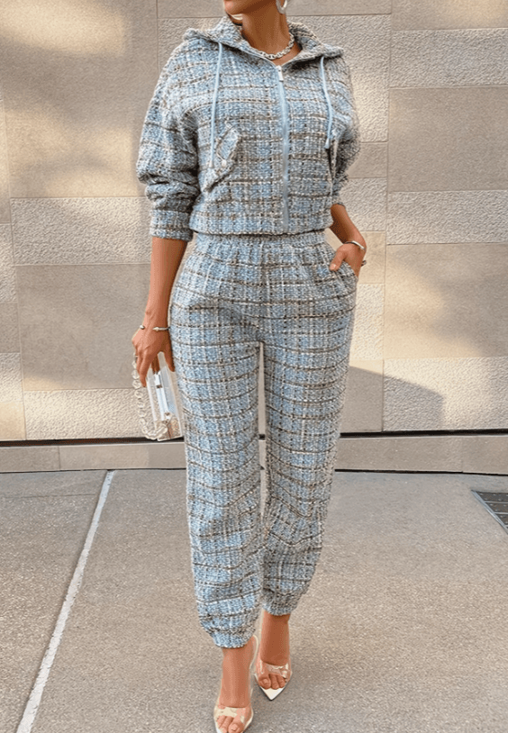 2026 Women's Chanel-style Plaid Hooded Set - High Street Tweed Zip-up Sweatshirt