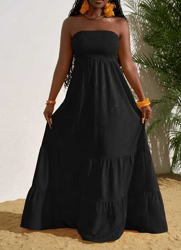 Vibrant Strapless Pleated Multi-layered Full Skirt Dress, Women's Sleeveless Long Resort Style Dress