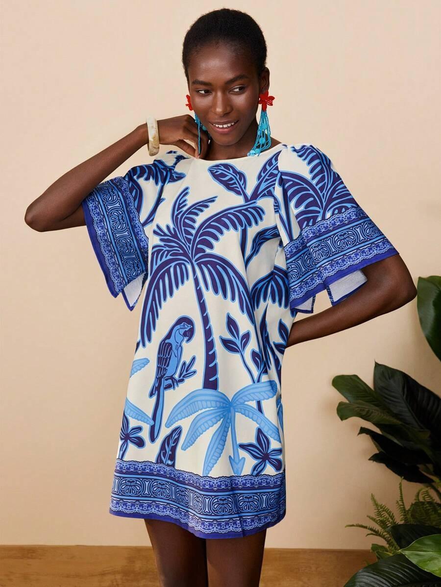 Fashion Retro Crew Neck Horn Printing Dress