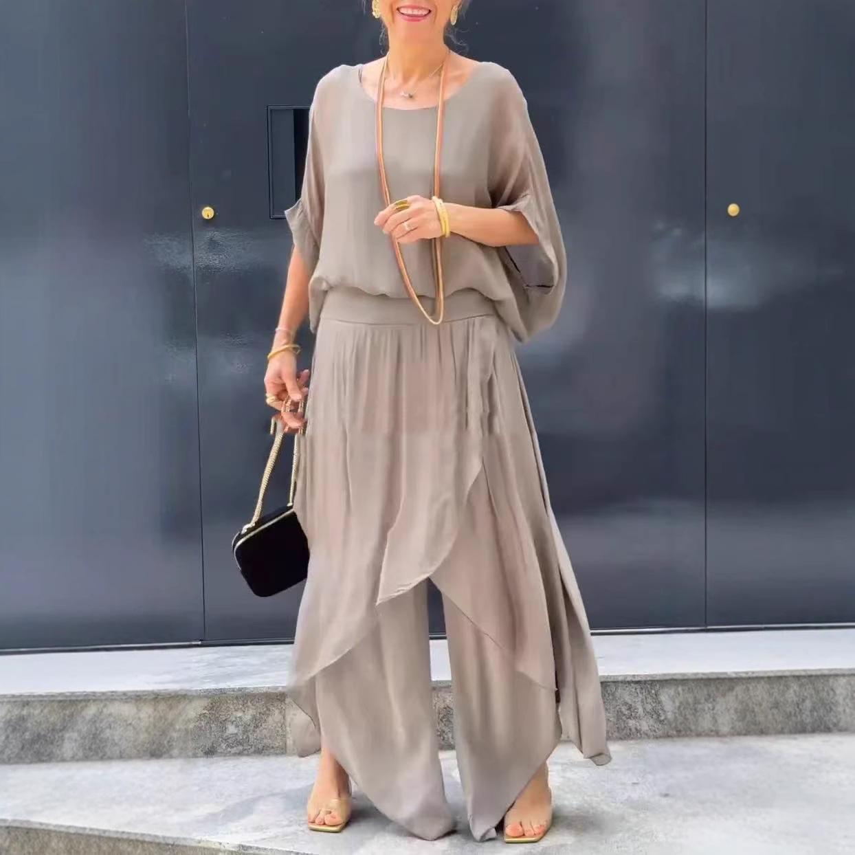 Loose Comfortable Top Split Wide Leg Pants Chiffon Casual Suit