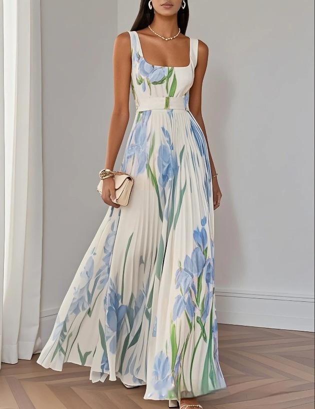 Sleeveless Formal Pleated Printed Dress