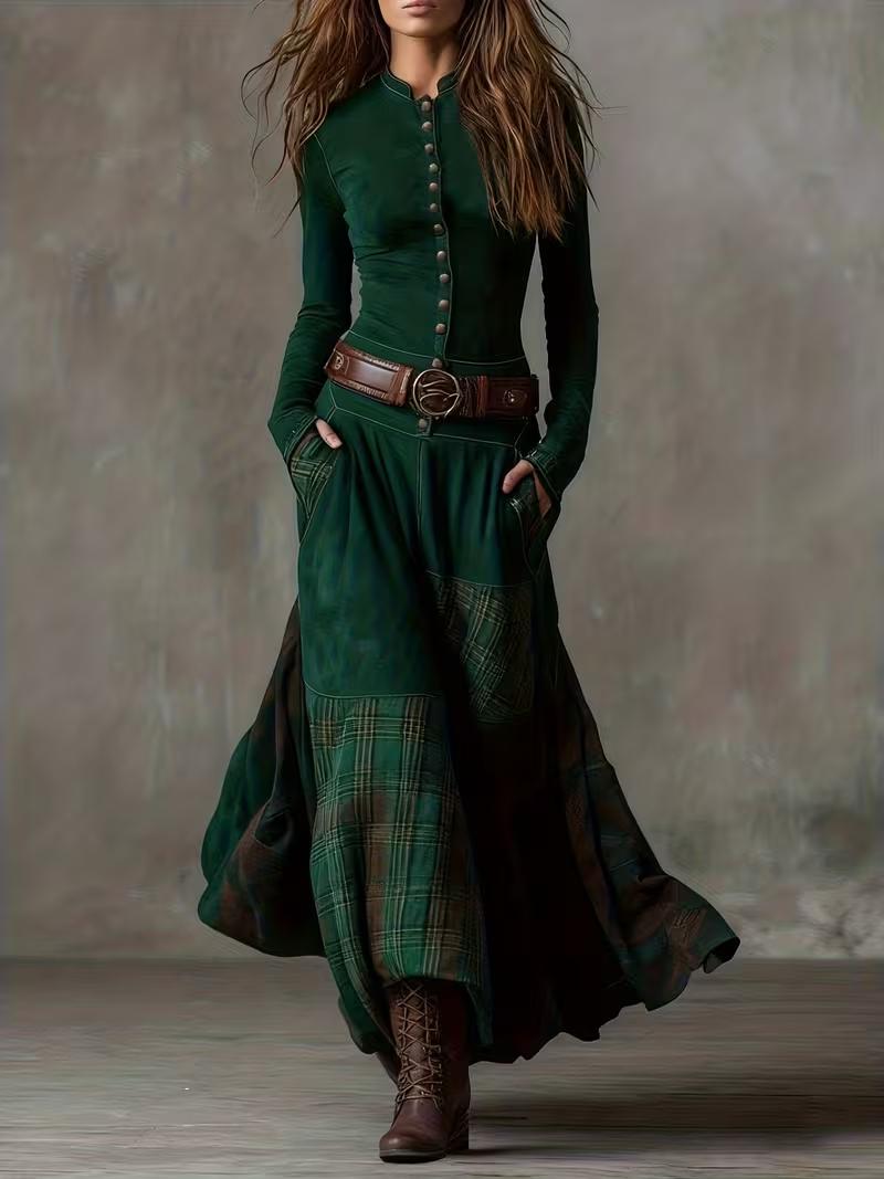 Casual Stand-up Collar Button-down Plaid Patchwork Slim-fit Dress