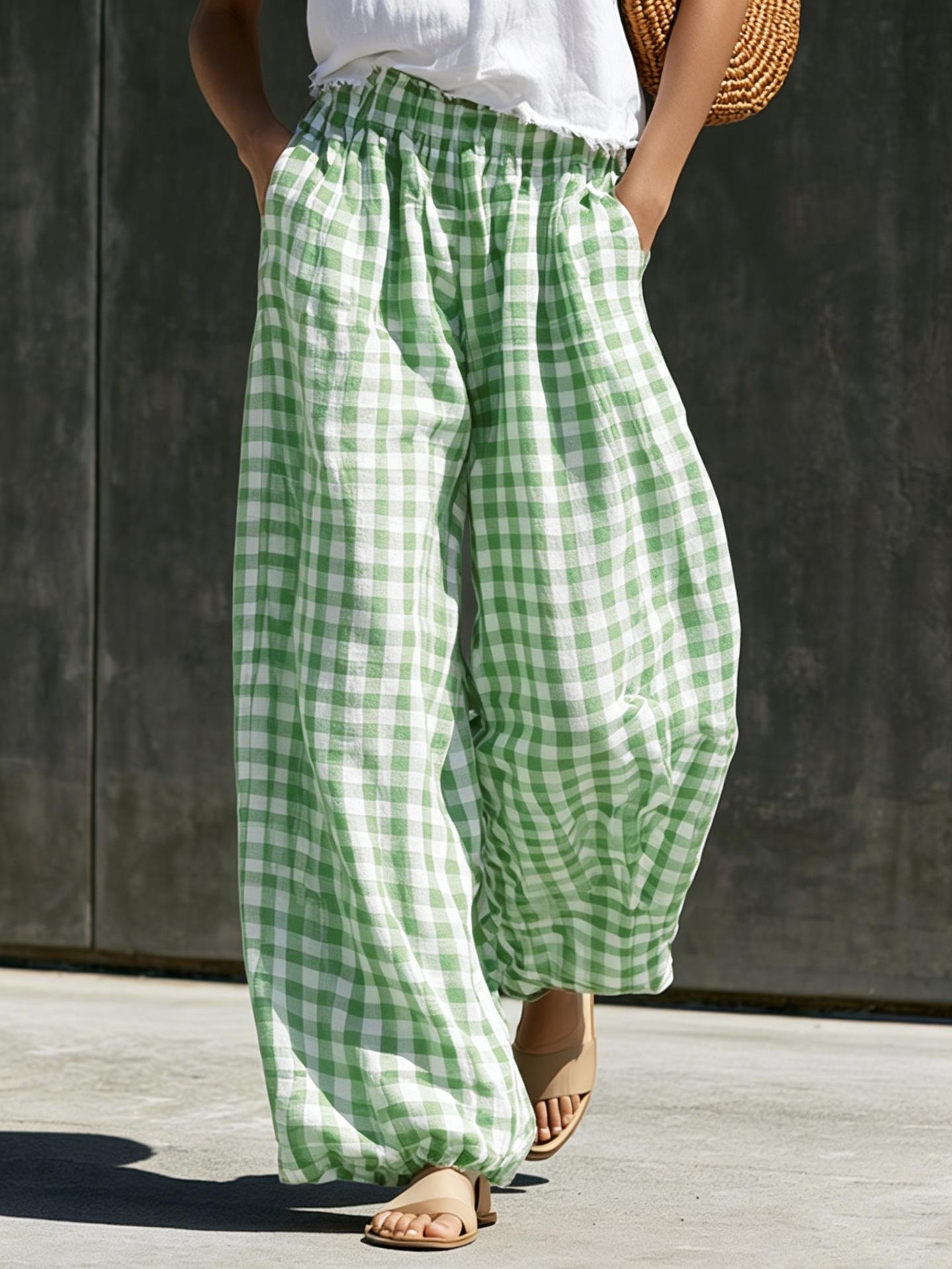 Womens Casual Retro Large-check High-waisted Loose-fit Wide-leg Trousers