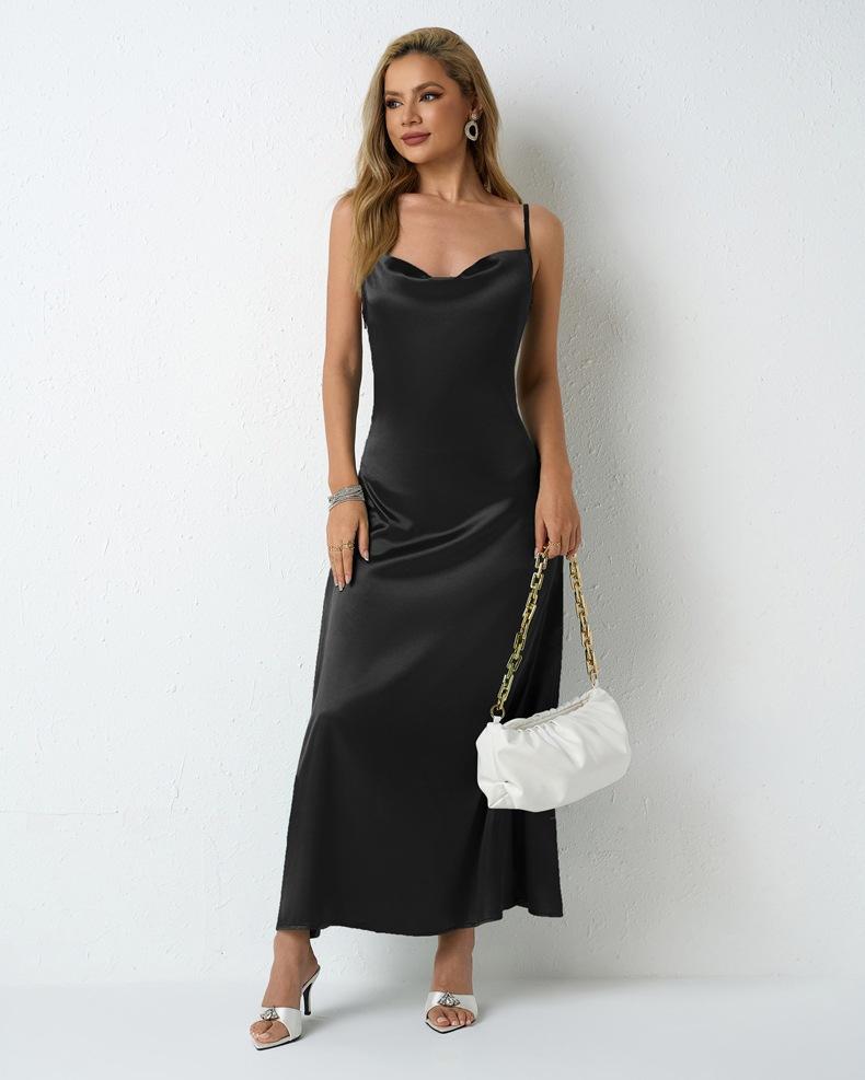 Female Casual Versatile Solid Color Satin Dress Women Pleated Sleeveless