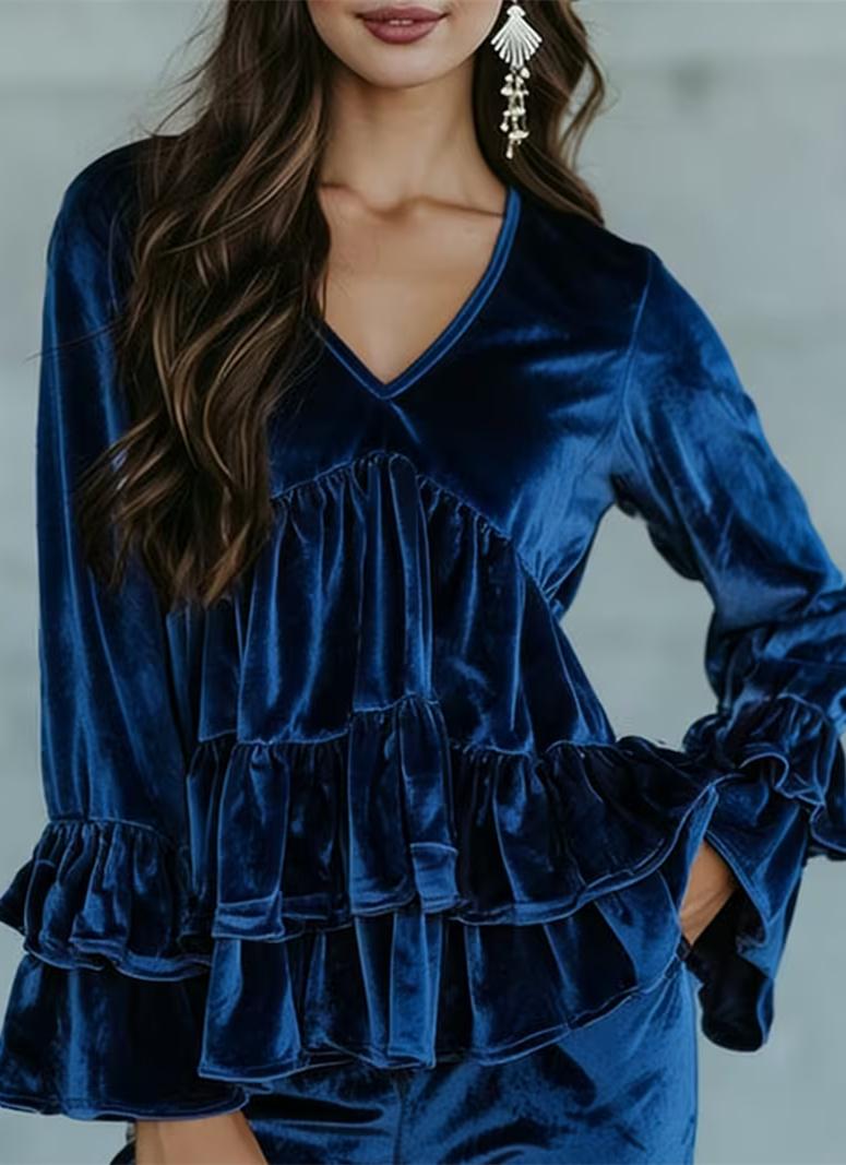 Casual V-neck Ruffled Layered Bell Sleeve Top