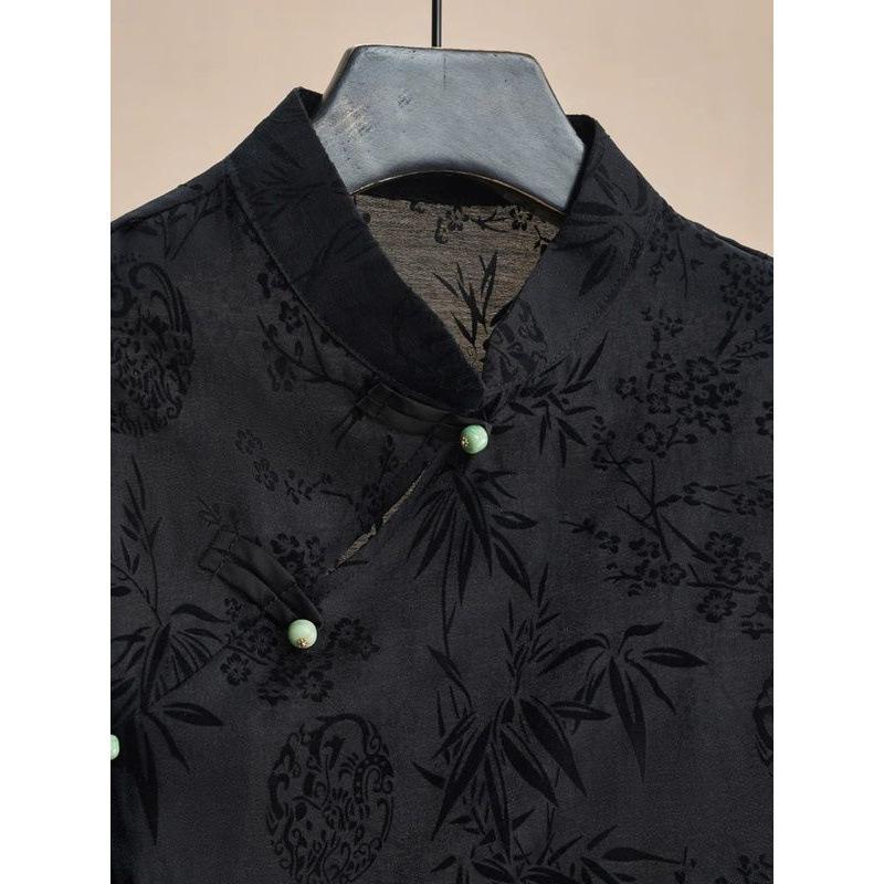Women's Retro Frog-Button Slant-Collar Black Jacquard Short-Sleeve Shirt