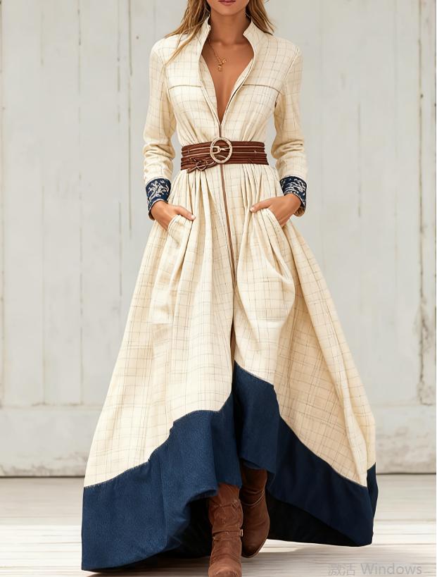 Casual Retro Color-blocked Waist-cinching Long Dress