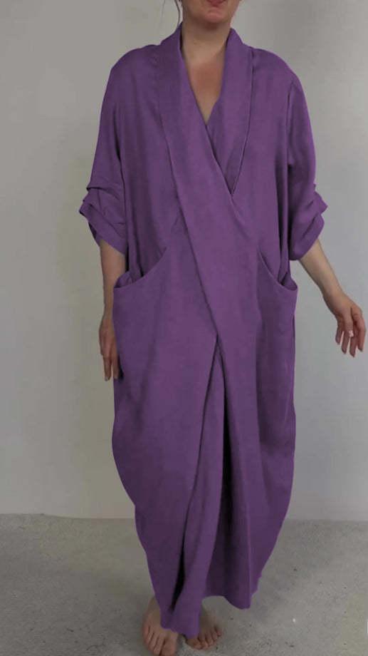 Linen Blend V-Neck Wrap Dress With Pockets