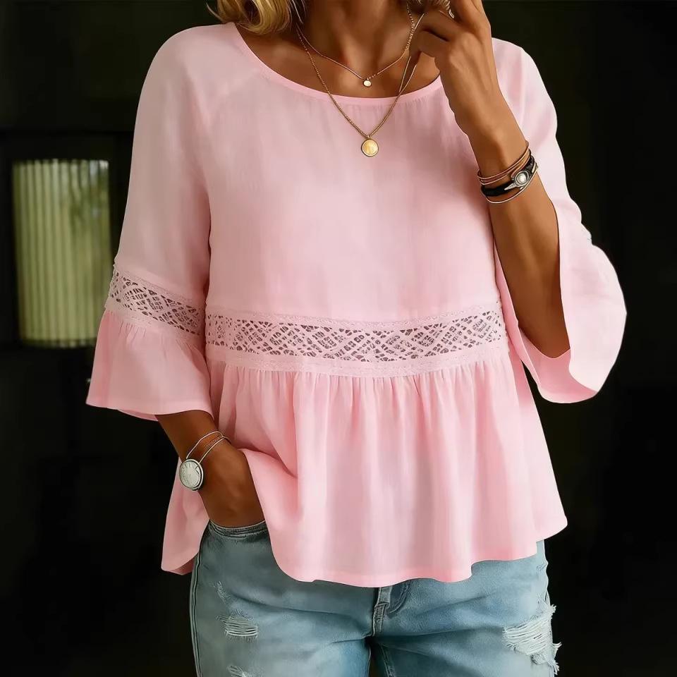 Loose Cotton And Linen Lace-Patched Crew-Neck Womens Top