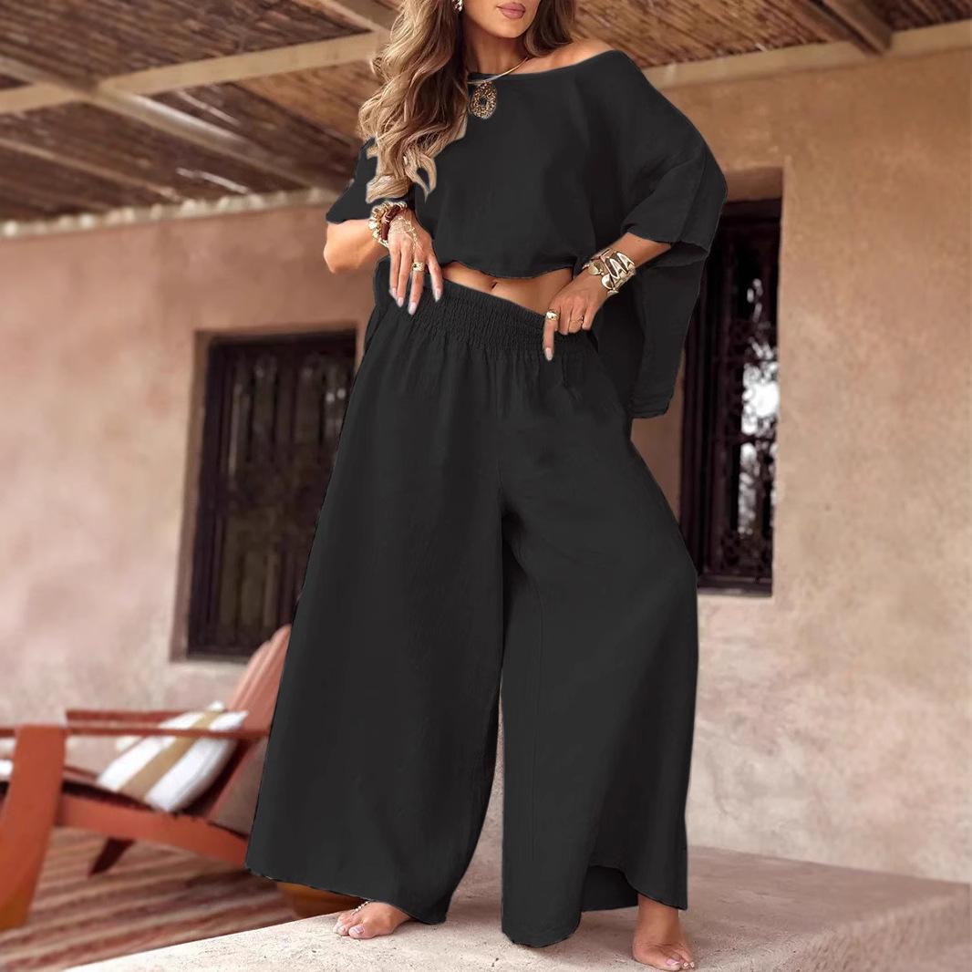 Solid Color Loose Round Neck Off-the-shoulder Women's Summer Suit