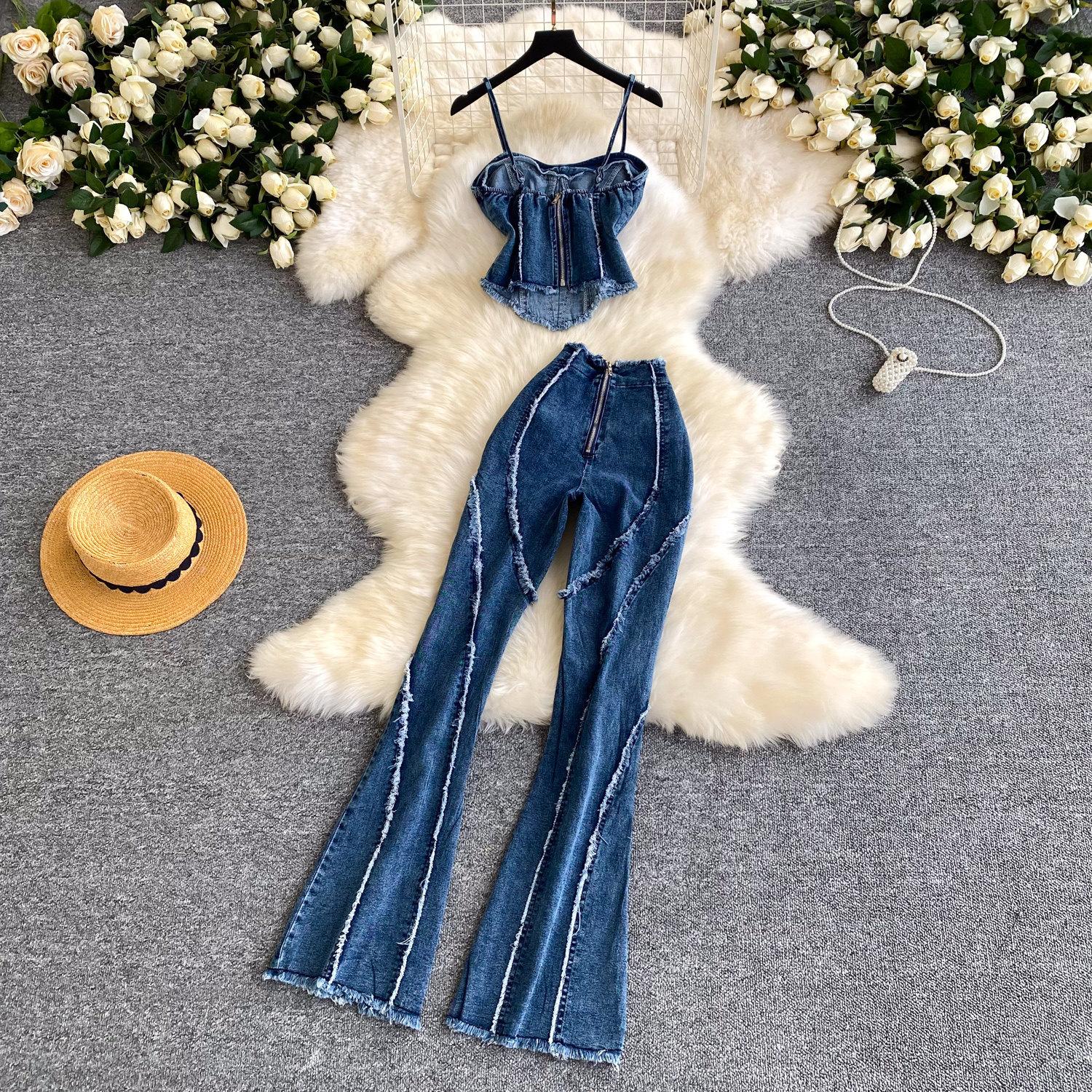 New Style Chic Streetwear Denim Cami Top And Slim-fit Pants Two-piece Set