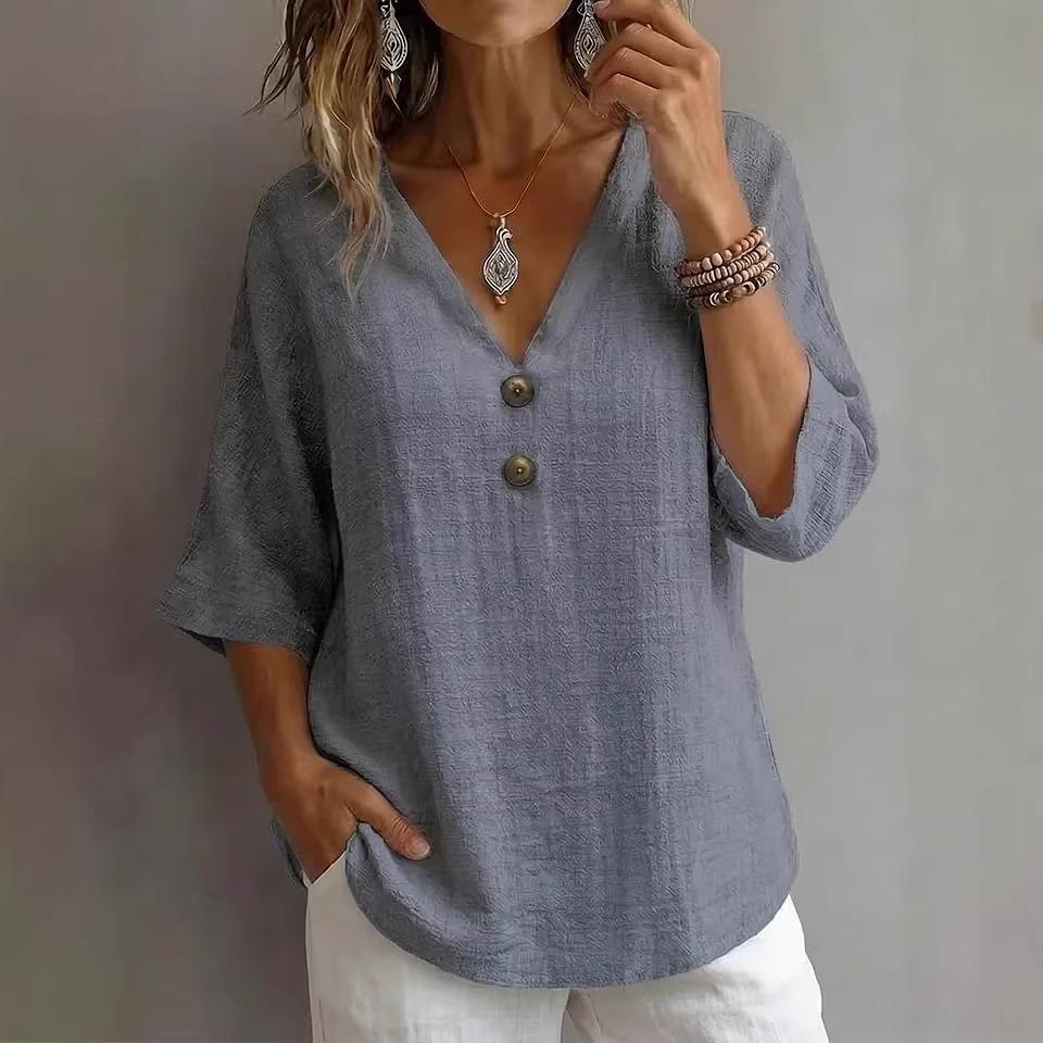 V-neck Button-up Loose-fitting Top For Women