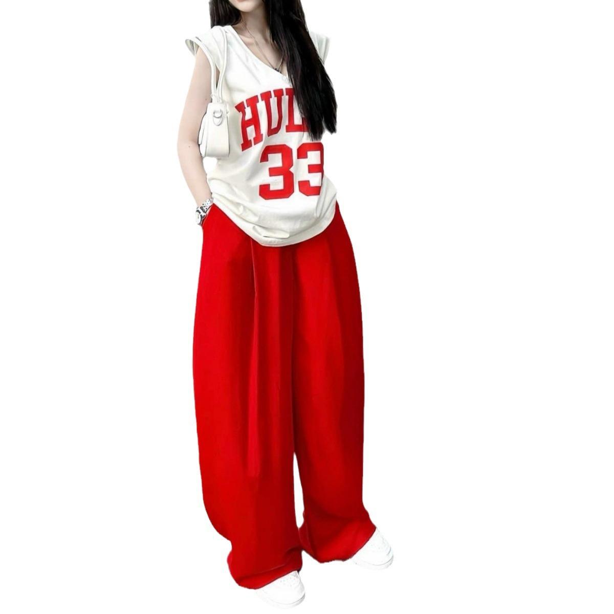 Women's Summer Loose V-neck Sleeveless T-shirt Drooping Wide-leg Pants Casual Street Style Two-piece Set