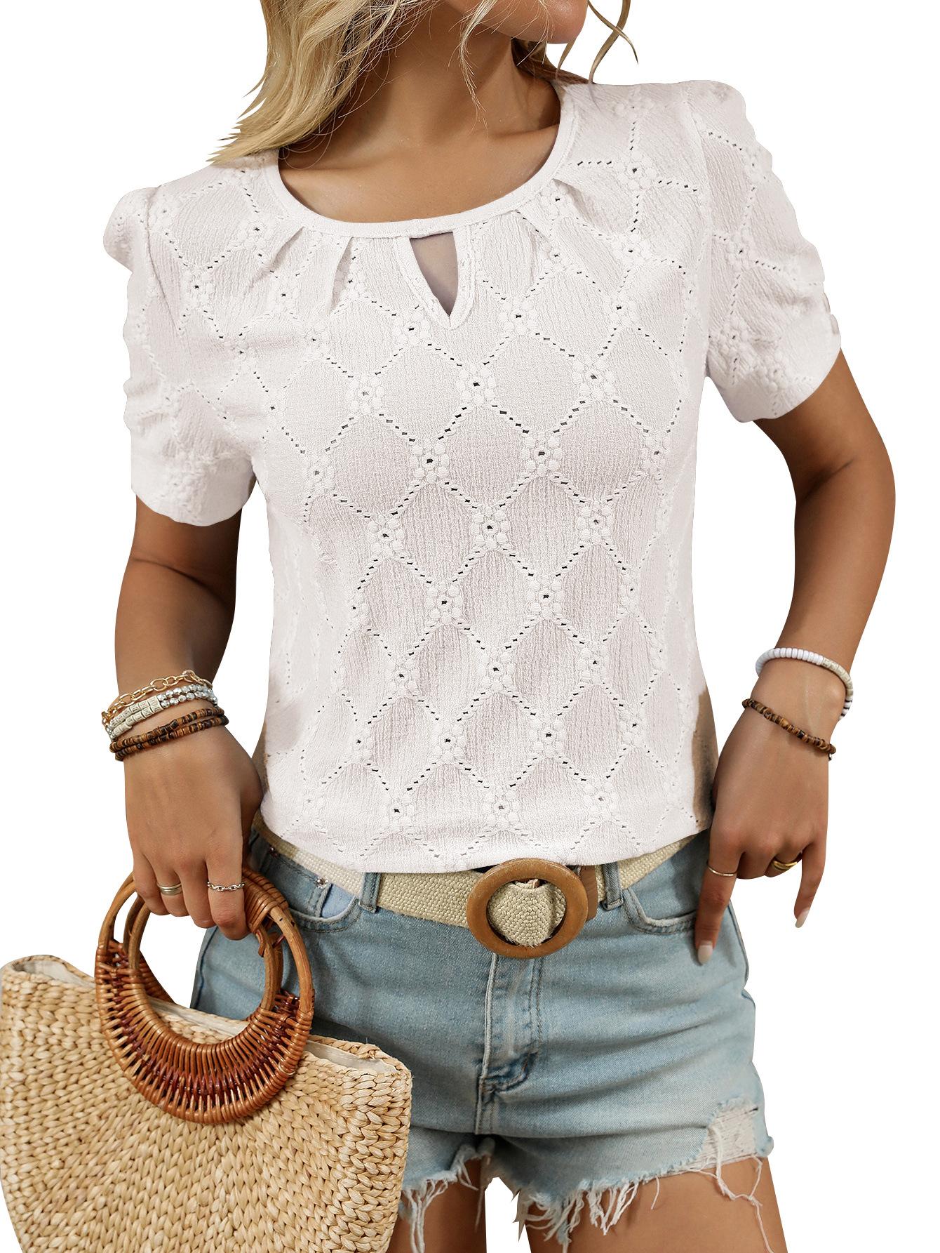 Solid-color Crewneck Button-front Short-sleeve Top For Women