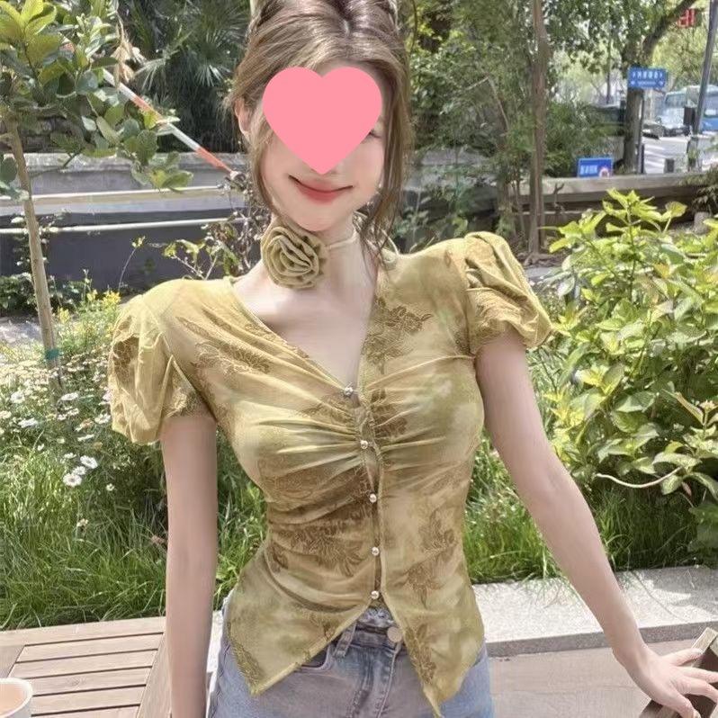 Retro Mesh Printed Shirt Elegant Collar Waist-cinching Blouse