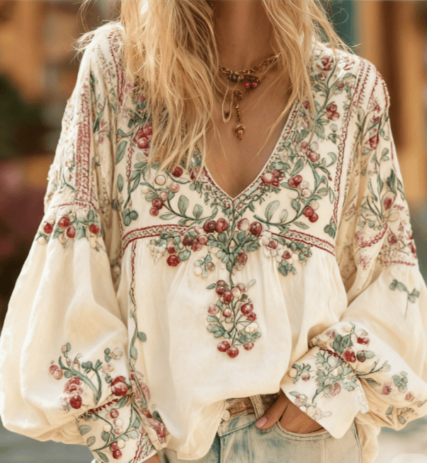 Floral Embroidery Casual V-neck Puff Sleeve Top