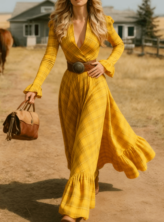 Retro V-neck Fitted Waist Flared Sleeve Long Dress