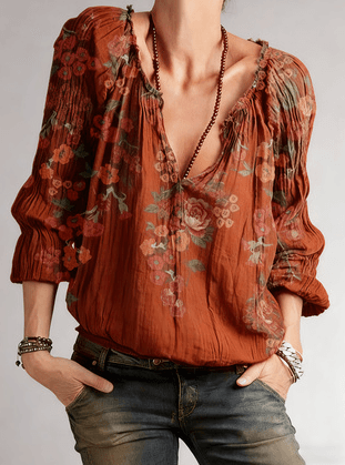 Vintage V-neck Floral Ruffled Lantern Sleeve Top
