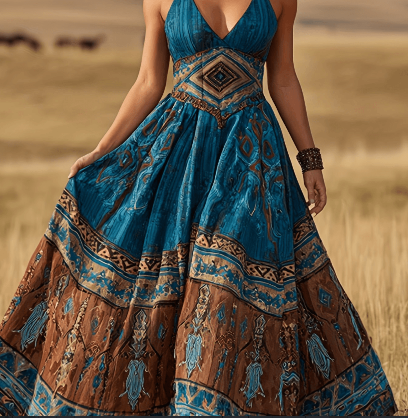 Bohemian Ethnic Style Hanging Neck V-neck Waist Cinching Large Swing Printed Long Skirt