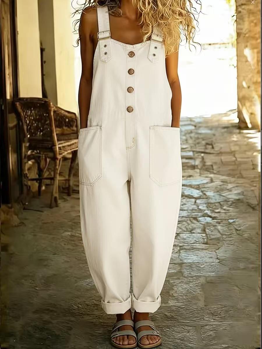 Large-size Lady's Washed Denim One-piece Drawstring Pants