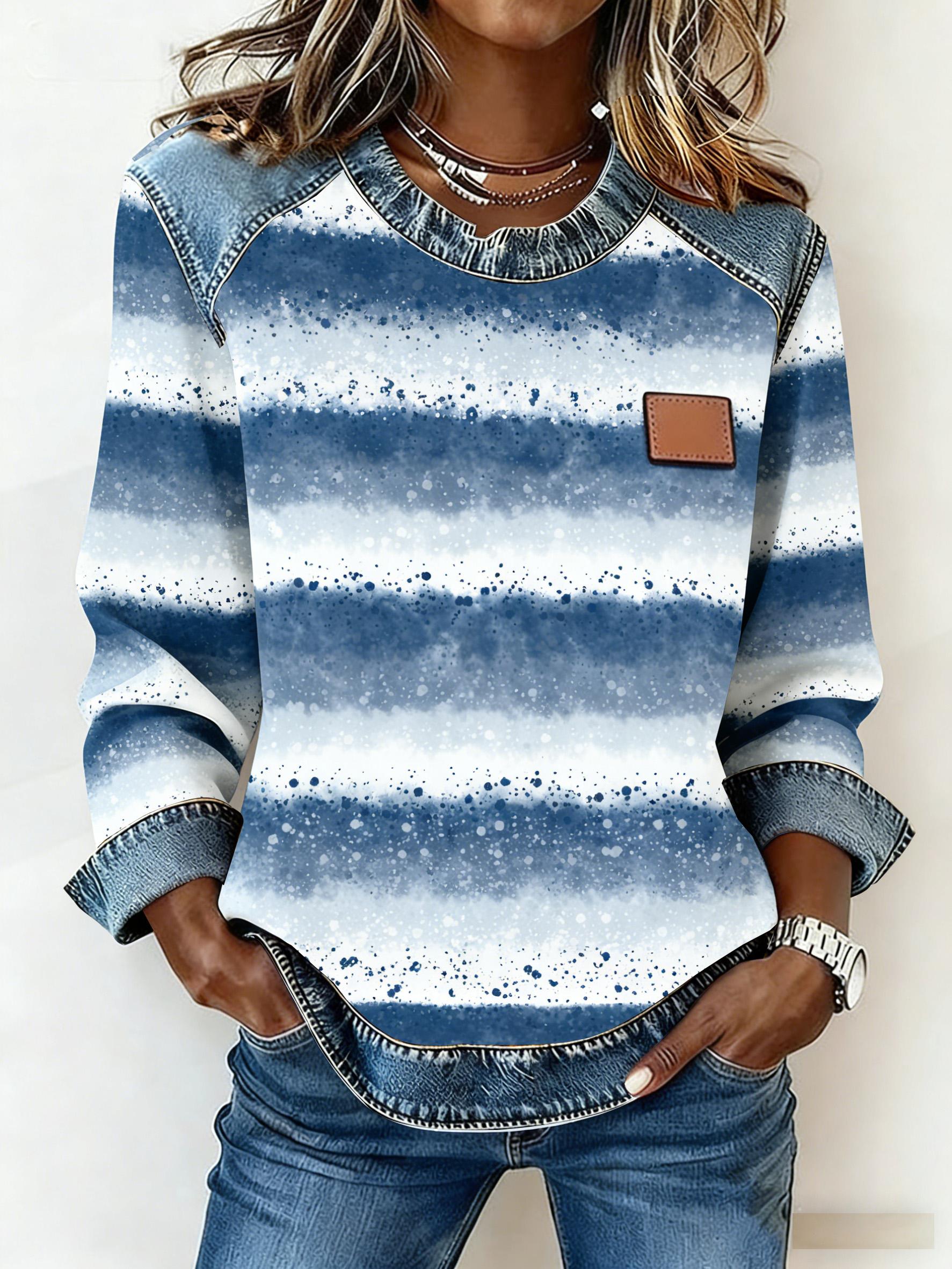 Casual Round Neck Color-blocked Printed Long-sleeved Loose Top