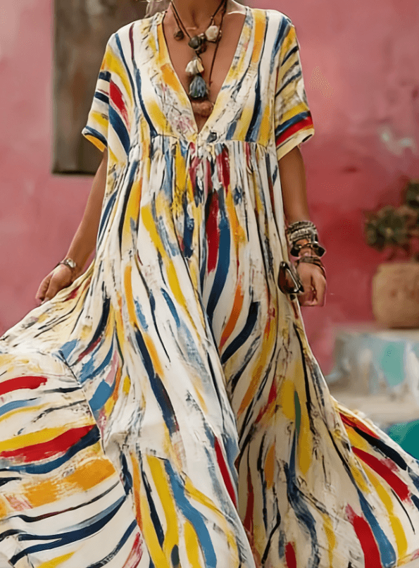 Women's Printed Elegant V-Neck Long Dress