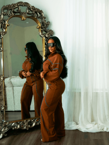 American Hot Girl Contrast-Stitch Zip-Up Jacket & Wide-Leg Pants Set