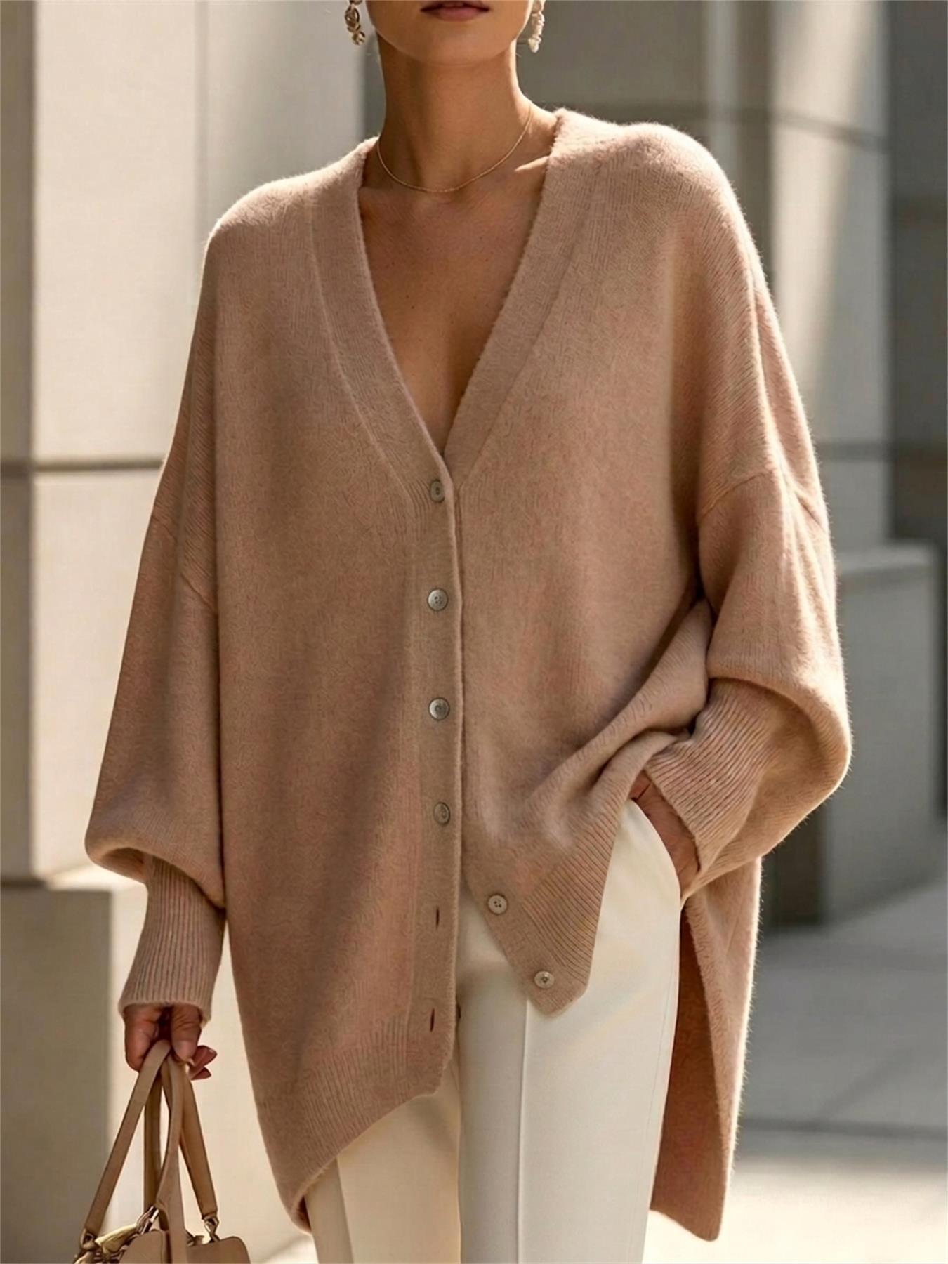 Soft Fluffy Mohair Knit Cardigan, Oversized Batwing Slit Hem Lazy Sweater Coat