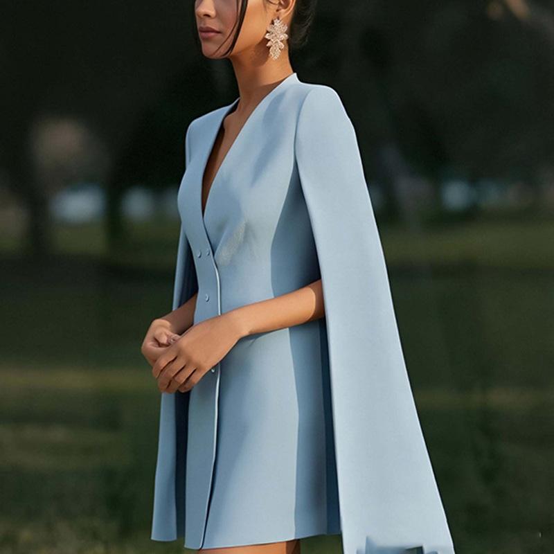 Elegant Commute Solid Color Blazer Dress With Shawl Cape