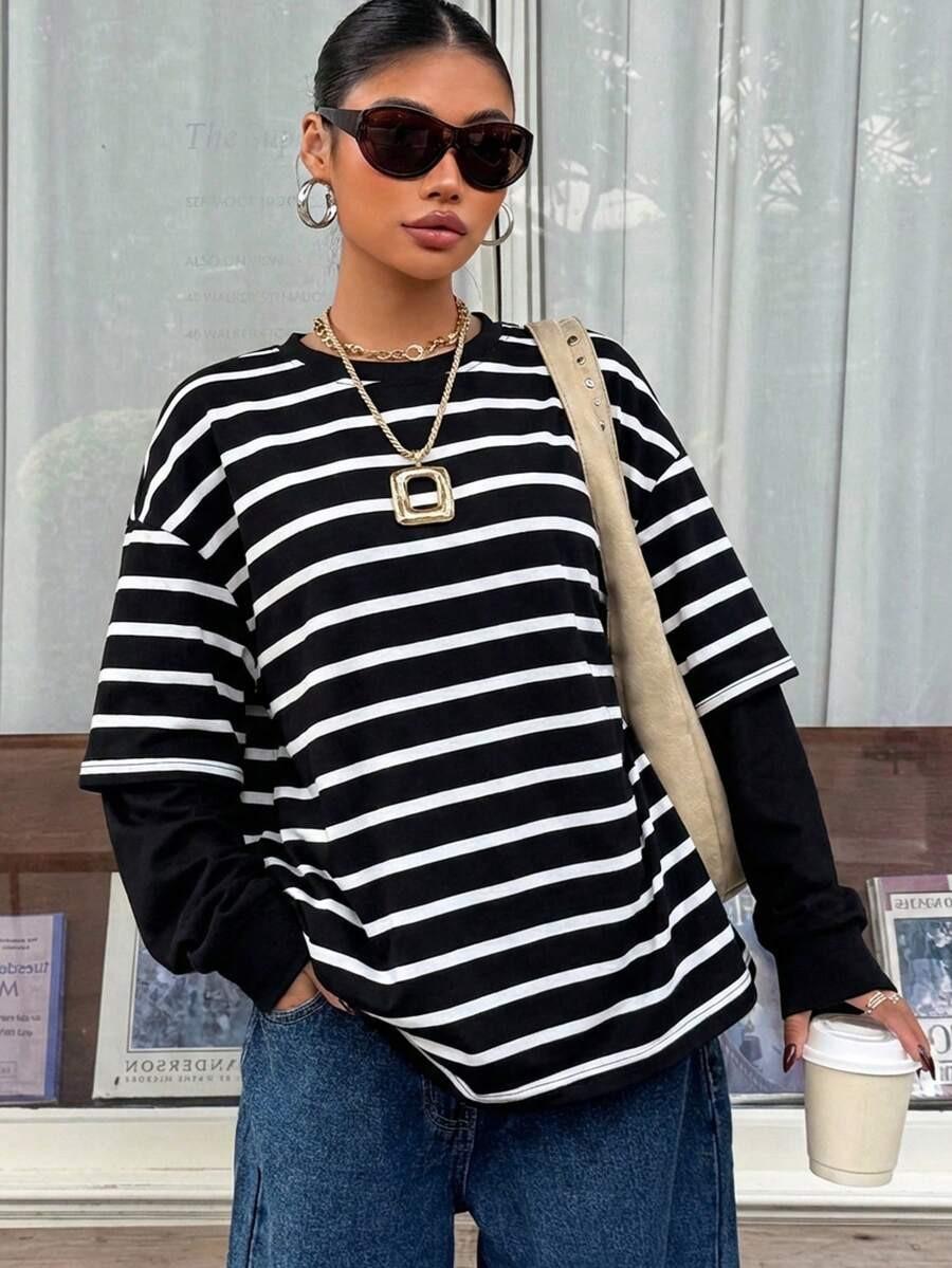 Womens Round-neck Striped Loose-fit Mock Two-piece Hoodie