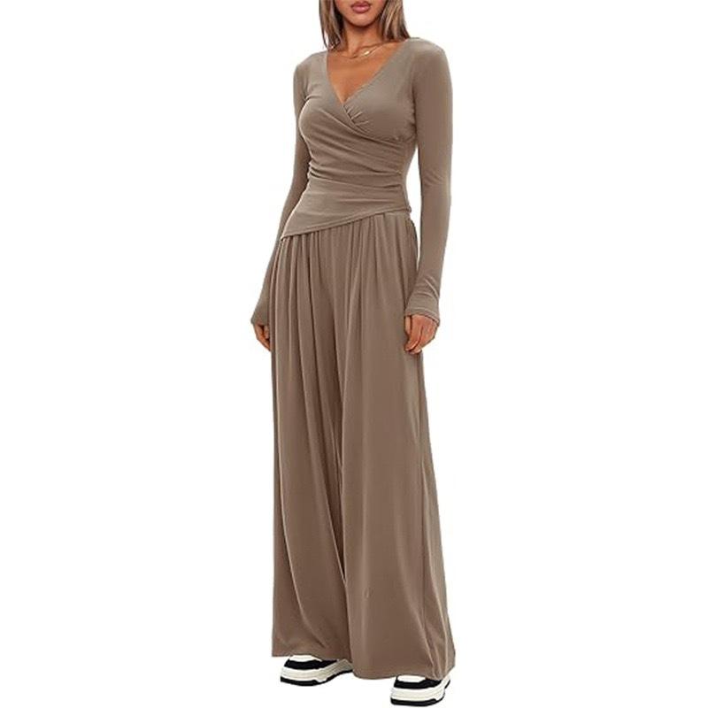 2 Pieces Women's V Neck Long-sleeve Sportswear Top And Wide-leg Pants Set Casual Comfortable Outfit Set For Daily Wear Gym Sports Outfit