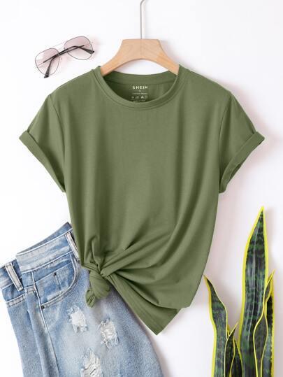 Solid Round Neck Tee Celebrity-Style Short-Sleeve Casual Top