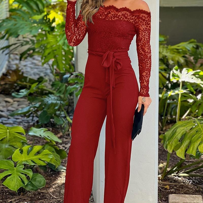 Black Eyelash Lace Off-shoulder Long Sleeve Tight Jumpsuit