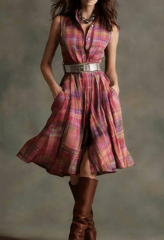 Plaid Collared Sleeveless Fitted Waist Dress