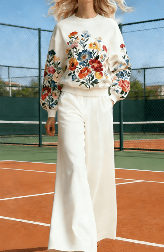 Women's American Retro Color Block Round Neck Long Sleeve Loose Knit Set