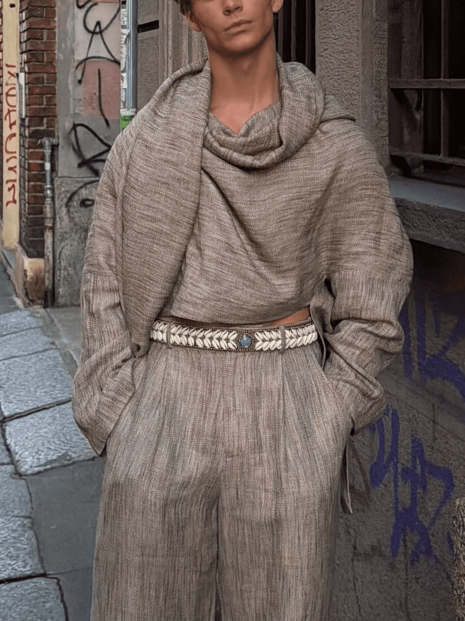 Men's Khaki Linen Blend 2-Piece Set - Draped Wrap Top & Super Wide Leg Pants