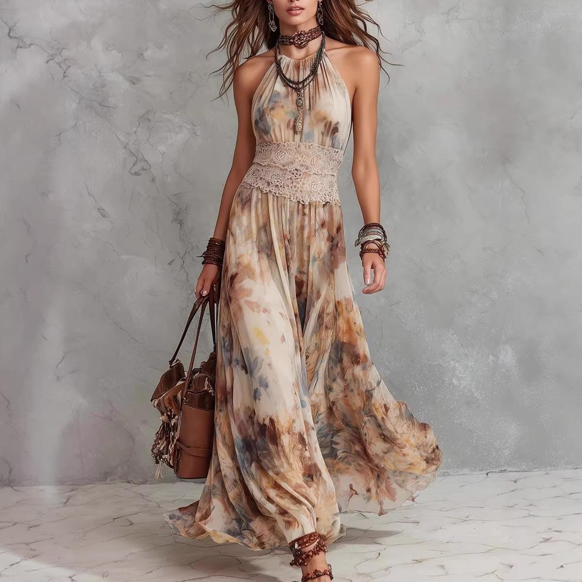 Womens Retro Oil-Painting-Style Summer Floral Strap Waist-Cinching Dress