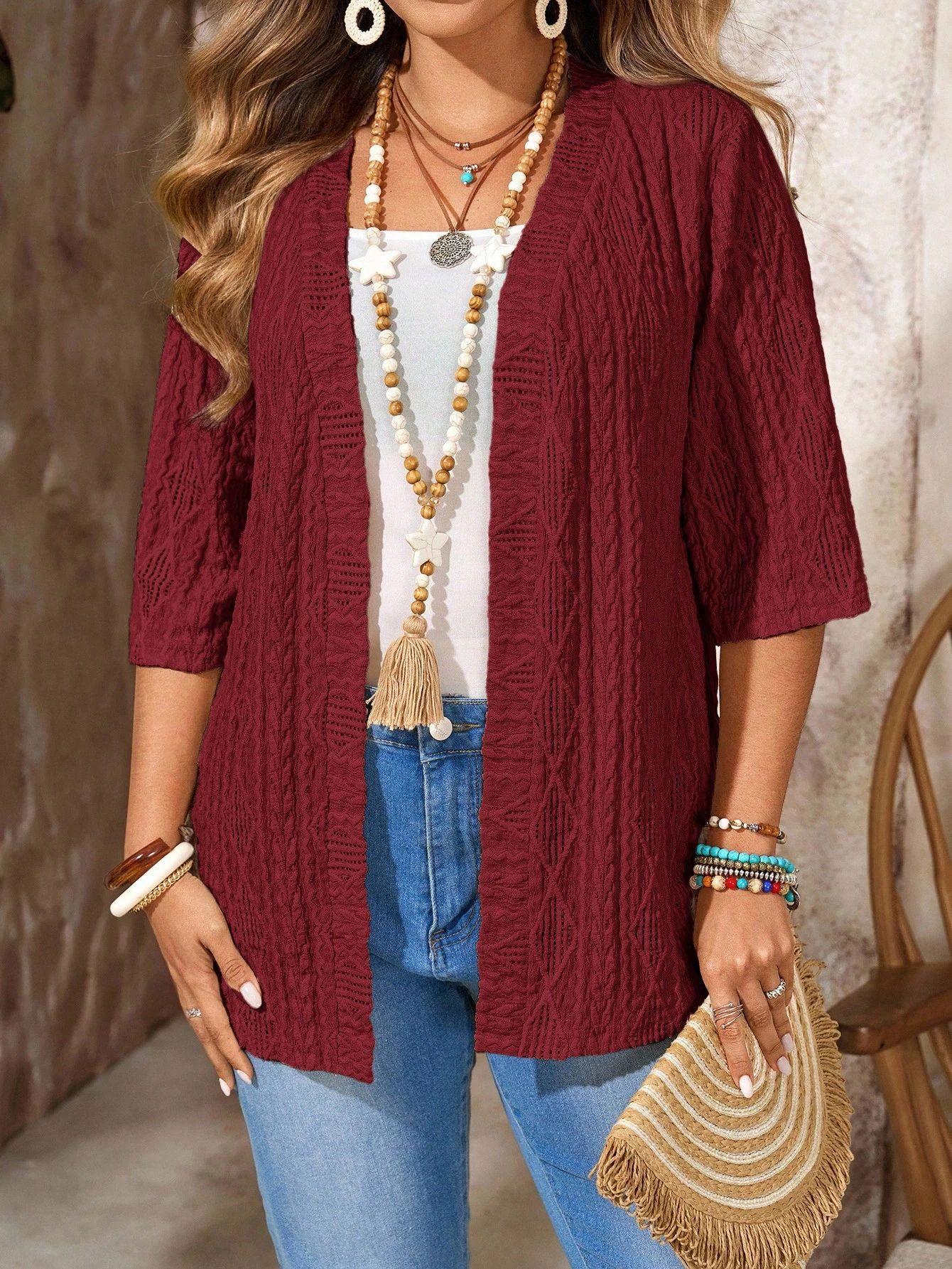Womens Plus-Size Casual Hollow-Out Cardigan Solid-Colored Top