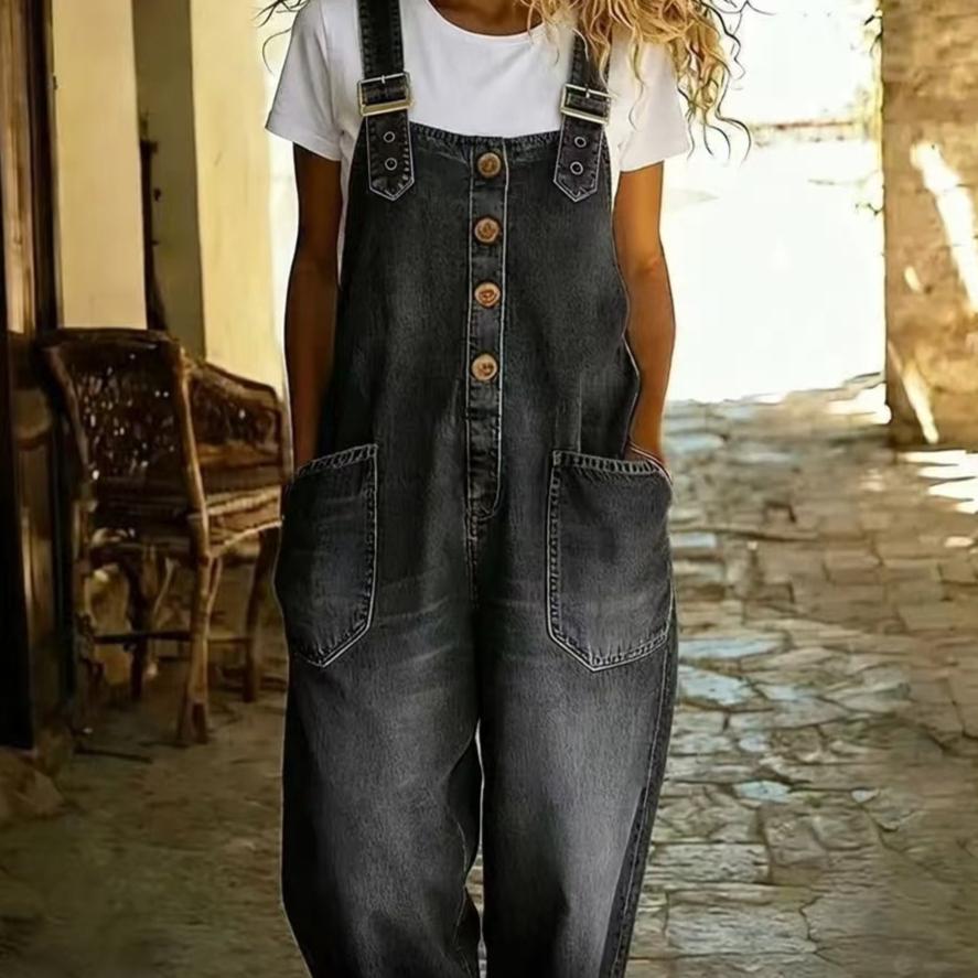 Large-size Lady's Washed Denim One-piece Drawstring Pants