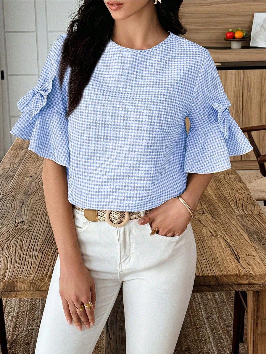 Womens Casual Top With Bow-Detail Plaid Trim Ruffled Cuffs And Puffed Sleeves