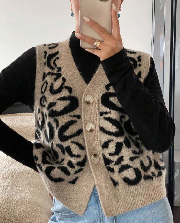 Leopard Print V-neck Knitted Cardigan Sweater Coat For Women