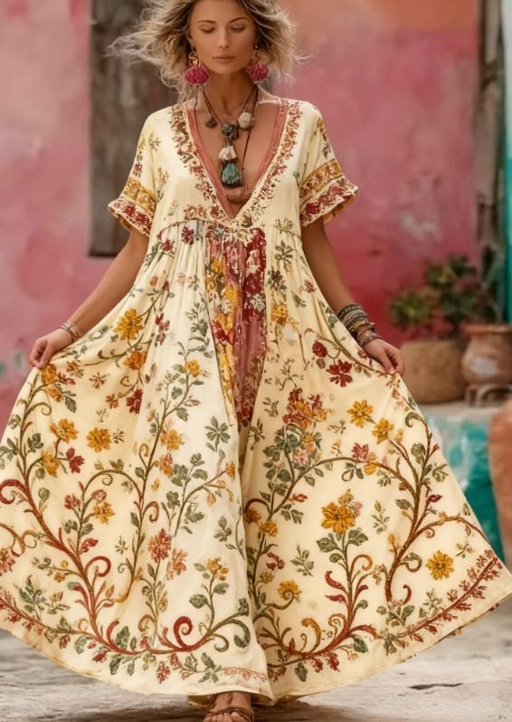 Women's Floral Embroidery Patchwork Art V-Neck Long Dress