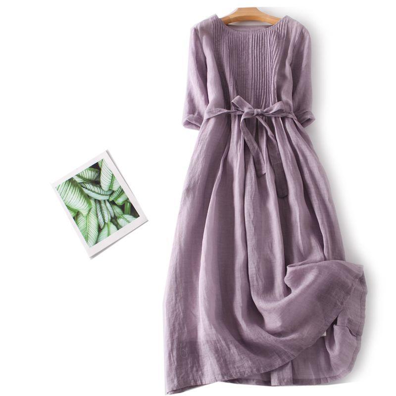 Women's 2026 Summer Retro Cotton Linen Dress, Loose Tie Waist Solid Casual  Sleeve Round Neck A-Line Dress