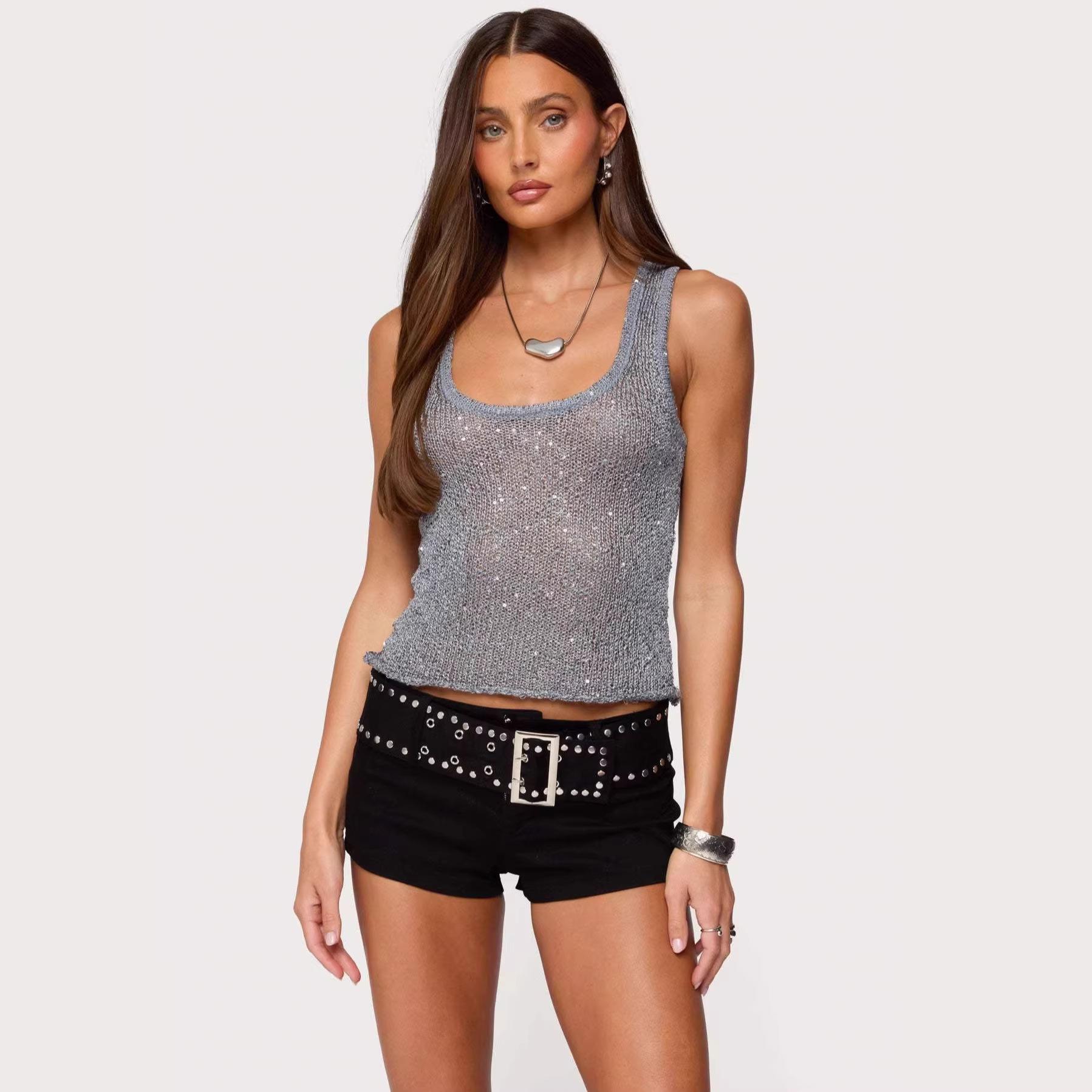 Shiny Deep V Solid Color Tank Top Fashionable Sexy Sheer Top