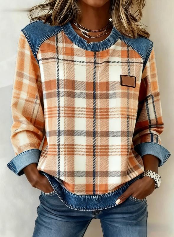 Plaid Denim Patchwork Round Neck Casual Long-sleeved Top