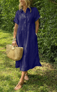 Striped Collared Short Sleeve Shirt Dress