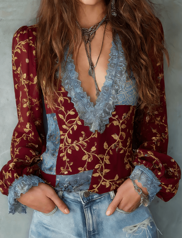 French Retro Style Printed Lace Patchwork Shirt For Women