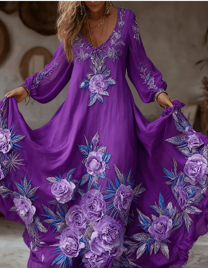Women's Vintage Pink Floral Embroidery Art Comfy Linen Maxi Dress