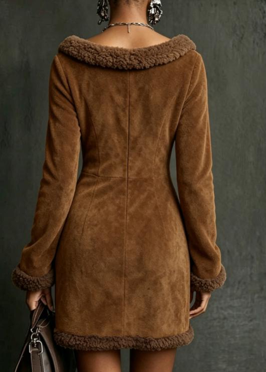 Caramel Brown Faux Suede Shearling Trim Deep V Waisted Slim-fit Long Sleeve Mini Dress