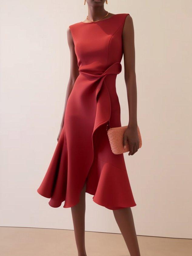 Women's Bow-knot Sleeveless Dress Summer Round Neck Red Temperament